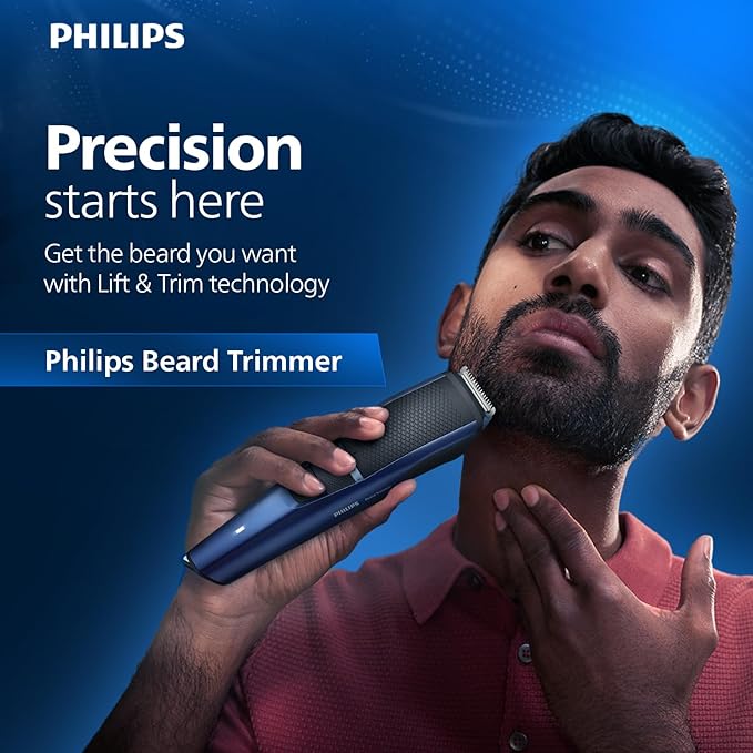 Philips India's No.1 Men's Trimmer* | Skin Safe Beard Trimmer for Men | Durapower tech | Self Sharpening Blades | Skin Protect Comb | 30 min runtime USB charging | No oil needed | 2yr warranty |BT1244/18