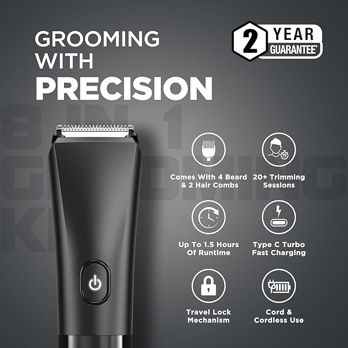 Havells 8 in 1 Grooming Kit |2-in-1 Special Blade|Nose & Ear Attachment|4 Beard & 2 Hair Combs|Type C Turbo Charge|No Nicks & Cuts|2 Year Guarantee|GS4008