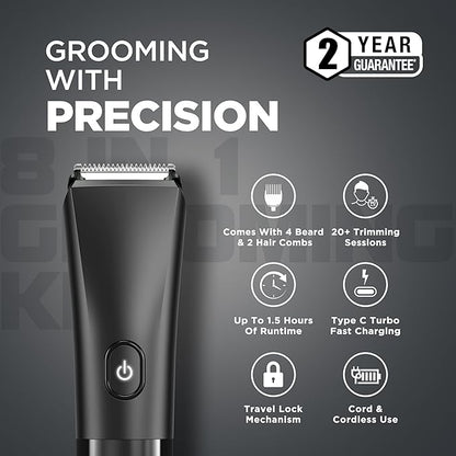 Havells 8 in 1 Grooming Kit |2-in-1 Special Blade|Nose & Ear Attachment|4 Beard & 2 Hair Combs|Type C Turbo Charge|No Nicks & Cuts|2 Year Guarantee|GS4008
