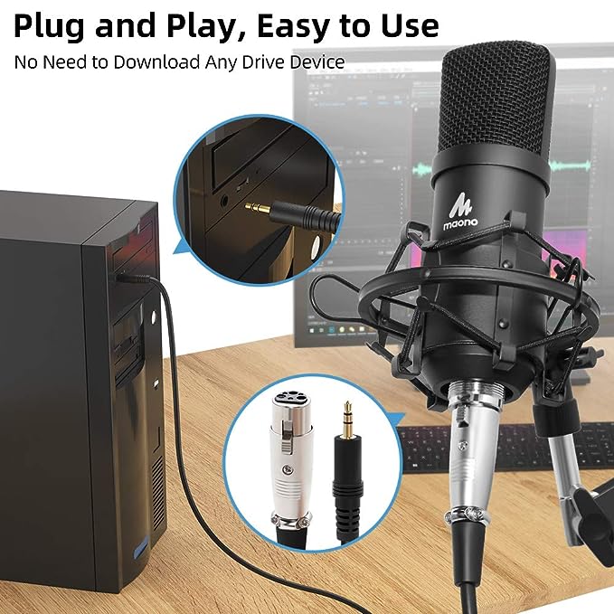 MAONO AU-A03 Condenser Microphone Kit Podcast Mic with Boom Arm Microphone Stand (Black)