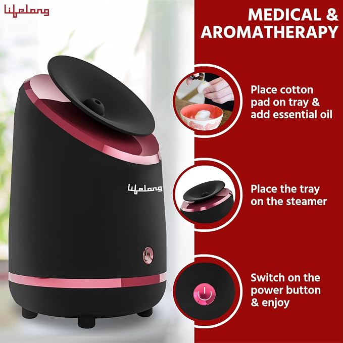 Lifelong Hydrating Facial Steamer|Moisturising Face Steamer for Cough, Cold, Facial, Skin Care Home Facial Spa Steamer With Bonus Blackhead Removal Kit, Face Cleaning Brush & Head Band (LLS108, 1 Year Warranty, Black)