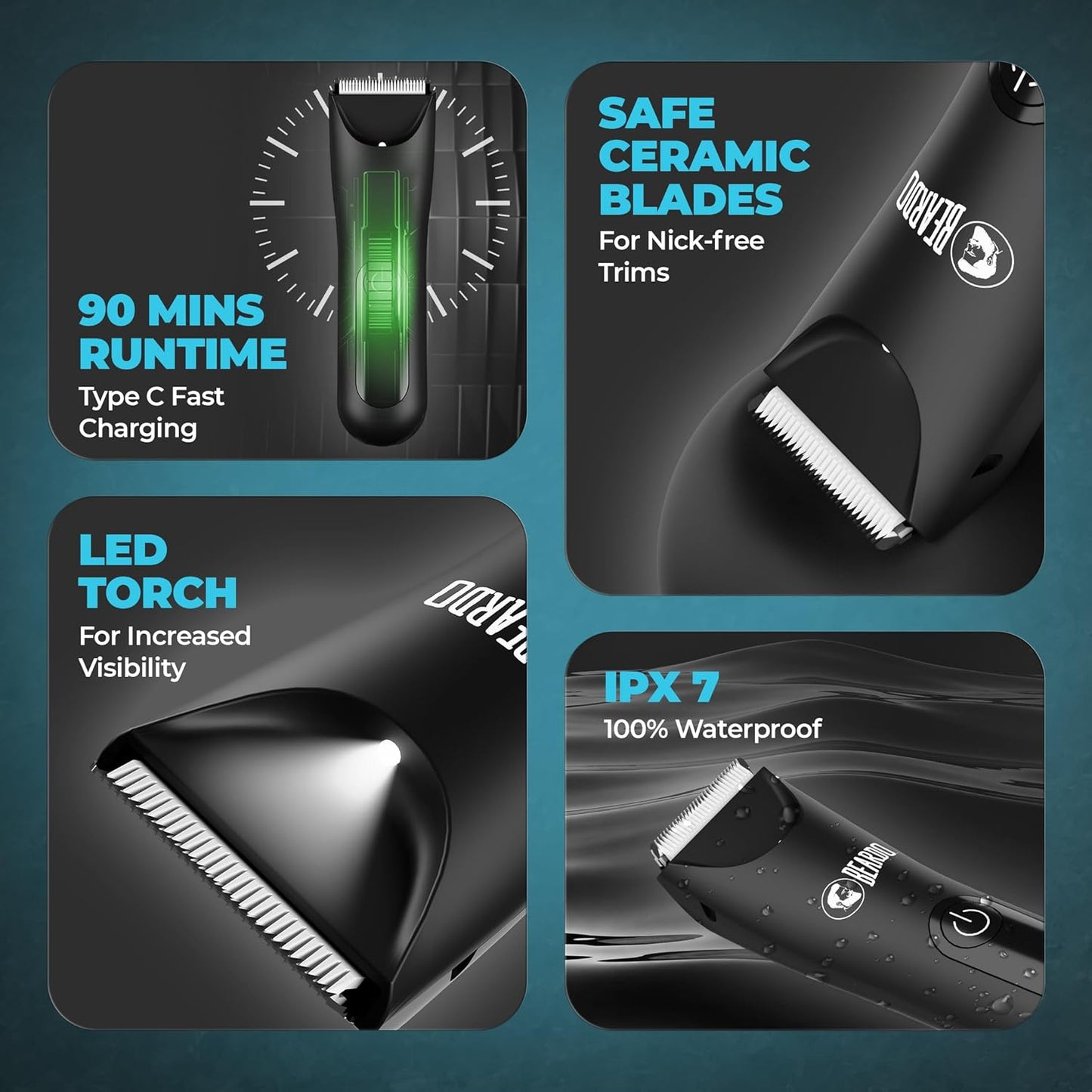 Beardo Ball Safe Pro Trimmer | Intimate Trimmer for Men | IPX7 Waterproof | Safe Ceramic Blades | 40mm T-Blade | 6000 RPM | 90 Min Runtime | Type-C Charging | Full Body Trimmer for Men
