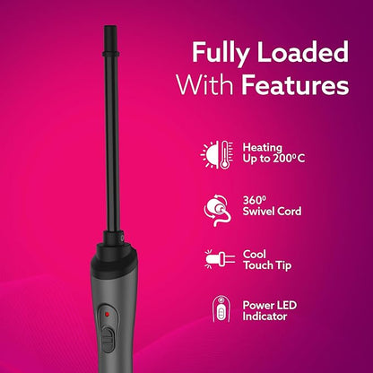 AGARO HC8001 Hair Curler With 10MM Barrel, Rod, Tong, Chopstick Hair Curler, Ceramic Coated Plates, Cool Touch Tip, Fast Heating, For Women, Maggie Curl, Hair Curling, Styling, Grey & Black