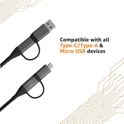 amazon basics 4-in-1 Braided Cable with USB-A, Micro USB and Type C | 65W Charging Cable with 480Mbps Data Transfer Speed |All-purpose Charging & Data Cable, 1.2m, Tangle Free