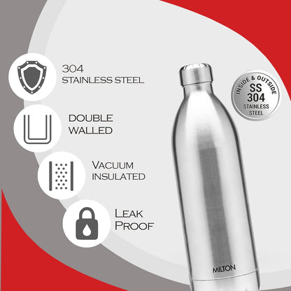 Milton Duo DLX 1800 Thermosteel Water Bottle 1700 ml, 24 Hr Hot and Cold I Leak Proof Lid, ISI Certified I Vacuum Insulated I for Office, Gym, School I Silver