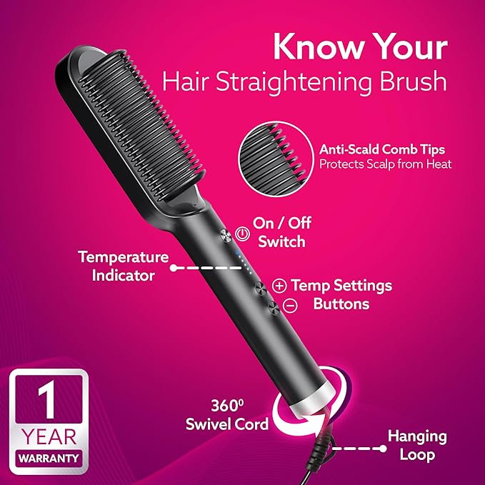 AGARO Hair Straightening Brush, Hair Straightening Comb For Women, Fast Heating, Ionic Care, 5 Heat Settings, Hair Straightener, Hot Brush, Gives Naturally Straight Hair in 5 Mins, Black, HSB2107