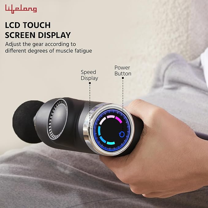 Lifelong Gun Massager for Pain Relief with 4 Heads & LCD Touch Display - Battery Powered - Deep Tissue with 6 Speed Settings for Percussion for Full Body (LLGM171, Black)