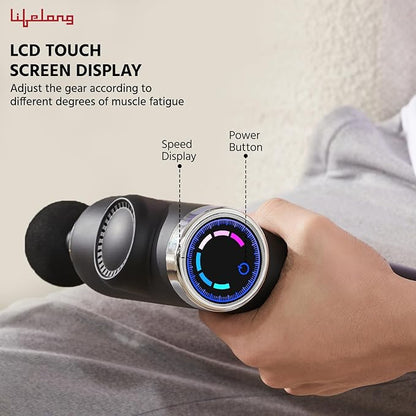 Lifelong Gun Massager for Pain Relief with 4 Heads & LCD Touch Display - Battery Powered - Deep Tissue with 6 Speed Settings for Percussion for Full Body (LLGM171, Black)