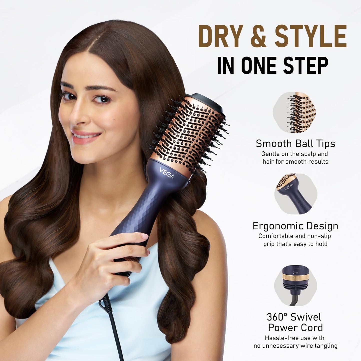 Vega Pro Volumizer Hair Blow Dryer Brush, 3 in 1 Hot Air Brush, 360° Airflow Vent, 2 in1 Quick Drying & Styling, 3 Heat/2 Speed Settings, Hair Dryer Brush, Blowout Volumizer Brush(1000-1200W, VHSD-02)