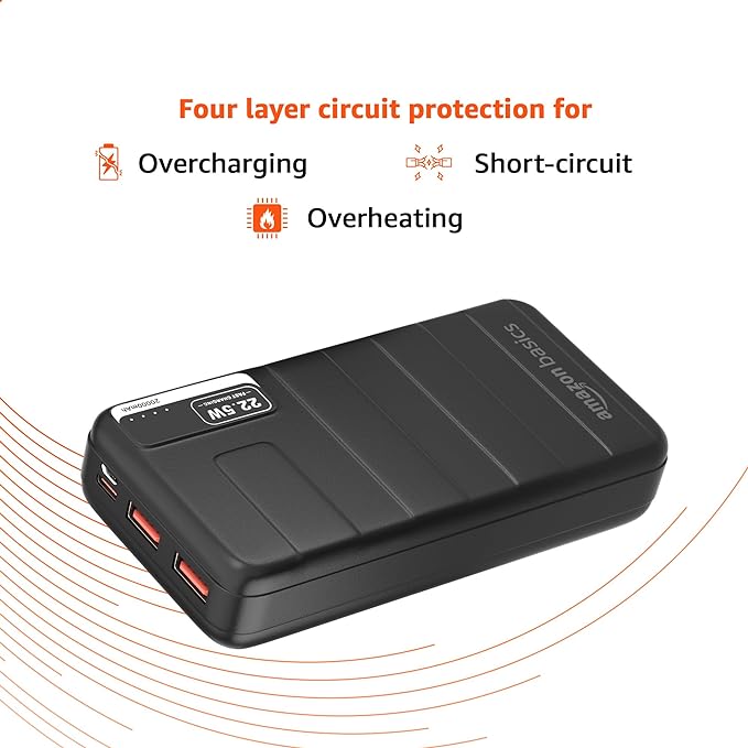 Amazon Basics 20000mAh 22.5W Lithium-Polymer Power Bank | Dual Input, Triple Output | Fast Charging, Black, Type-C Cable Included