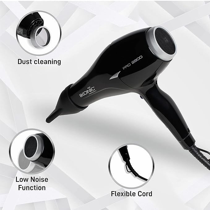 Ikonic Pro 2800+ Hair Dryer, Black | Professional | Brushless DC Motor | Low Noise Function| Lightweight Design| Interchangeable Nozzle| Diffuser Attachment| Versatile Heat and Speed Setting| 2600 W