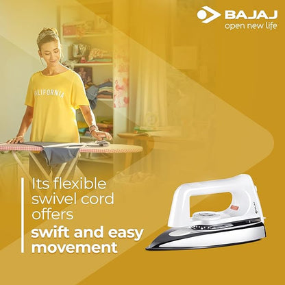 Bajaj Plastic Popular Plus 750W Dry Iron with Advance Soleplate and Anti-Bacterial German Coating Technology, White, 750 Watts