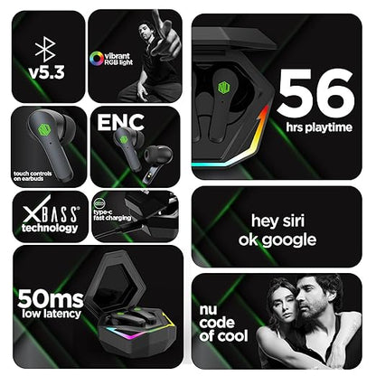 Nu Republic Starbuds Z Truly Wireless in Ear Earbuds with X-Bass Technology, ENC Technology, 56 Hrs Playtime, TWS with Mic and Hall Sensor Function, Bluetooth V5.3, Type-C Fast Charging (Black)