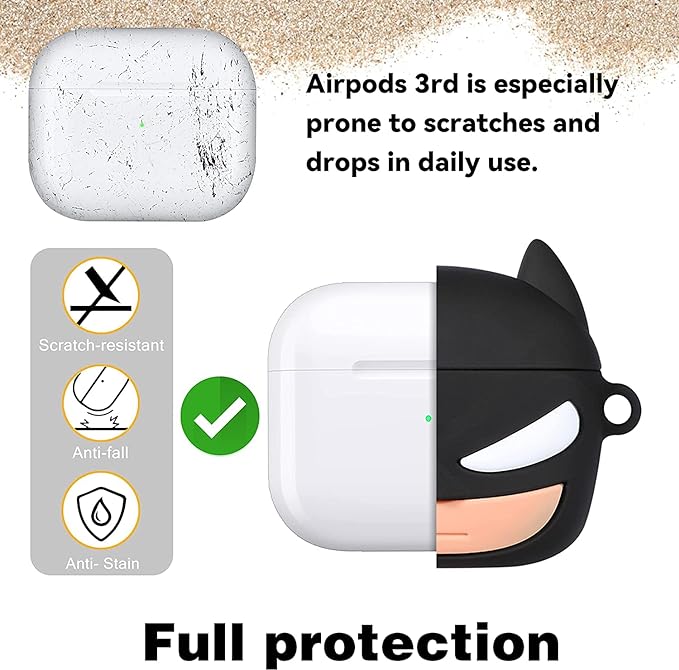 Meyaar Cute Silicone Case Compatible with Airpods 3rd Generation Case (2021), Two Part Design with Carabiner Hook, for Apple AirPods (3rd Generation) Case (Bat-Man)