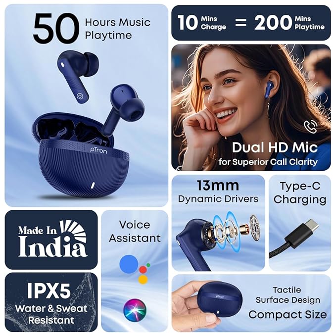 pTron Bassbuds Fury in-Ear TWS Earbuds with 13mm Drivers, 50Hrs Playtime, AI-ENC Clear Calls, Bluetooth V5.4 Wireless Headphones, Voice Assistant, Type C Charging & IPX5 Water Resistant (Blue)