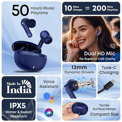pTron Bassbuds Fury in-Ear TWS Earbuds with 13mm Drivers, 50Hrs Playtime, AI-ENC Clear Calls, Bluetooth V5.4 Wireless Headphones, Voice Assistant, Type C Charging & IPX5 Water Resistant (Blue)