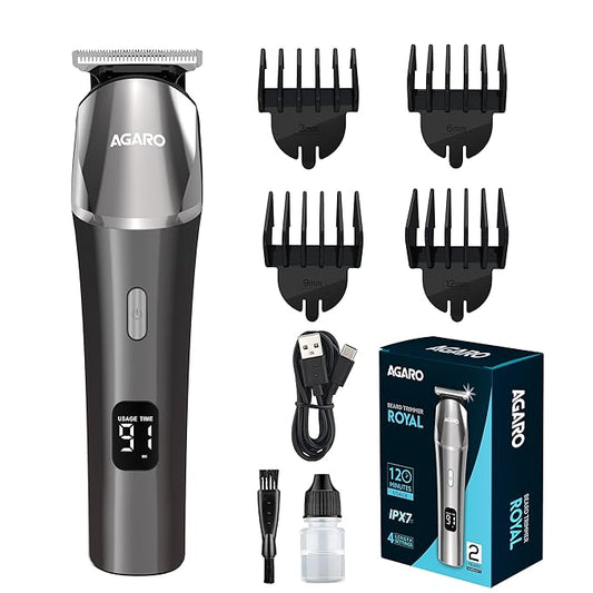 AGARO Royal Beard Trimmer For Men, Hair Trimming, High Precision Trimmer, Cordless, 4 Length Setting Combs, Self Sharpening Stainless Steel Blade, Metal Body, Fast Charging, 120 Minutes Usage, Silver
