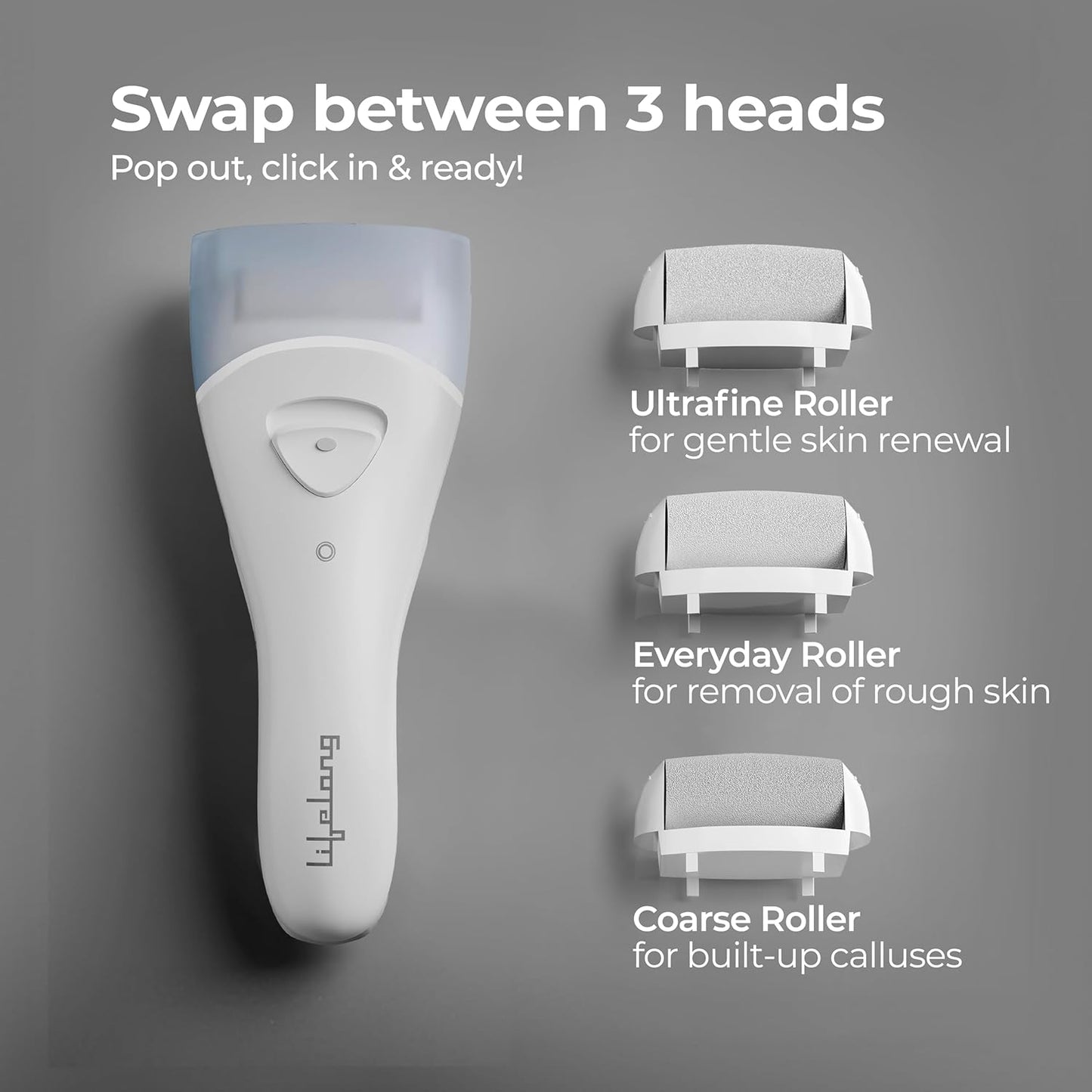 Lifelong LLPCW04 PediGlide Soft+ 3-in-1 Callus Remover For Feet | Electronic Foot Scrubber for Dead Skin | 3 Changeable Roller Heads | Focus Light | Dual Speed Settings | Crack Heel Repair Pedicure Machine