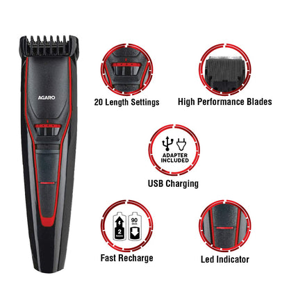 AGARO MT 6001 Beard Trimmer for Men, 90min Runtime, USB Charging, Fast Charge, 20 Length Setting, Rechargeable Battery