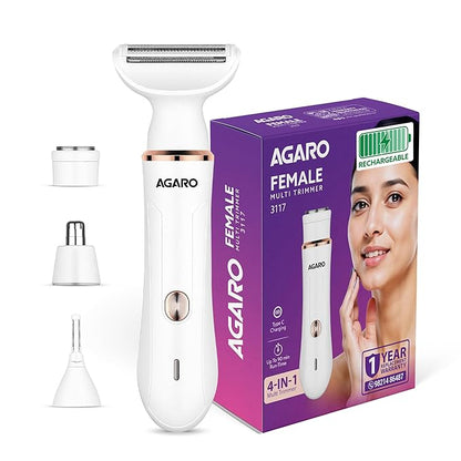 AGARO Female Multi Trimmer – Facial Hair Removal Machine, Bikini Trimmer, Eyebrow & Nose Hair Trimmer Painless body hair trimming Type-C charging, up to 90 minutes runtime, White 3117