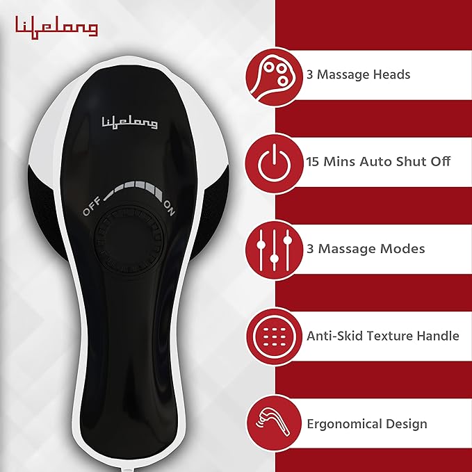 Lifelong Electric Handheld Full Body Massager with 4 Massage Heads & Variable Speed Settings for Pain Relief and Relaxation, Back, Leg & Foot (LLM423,White)