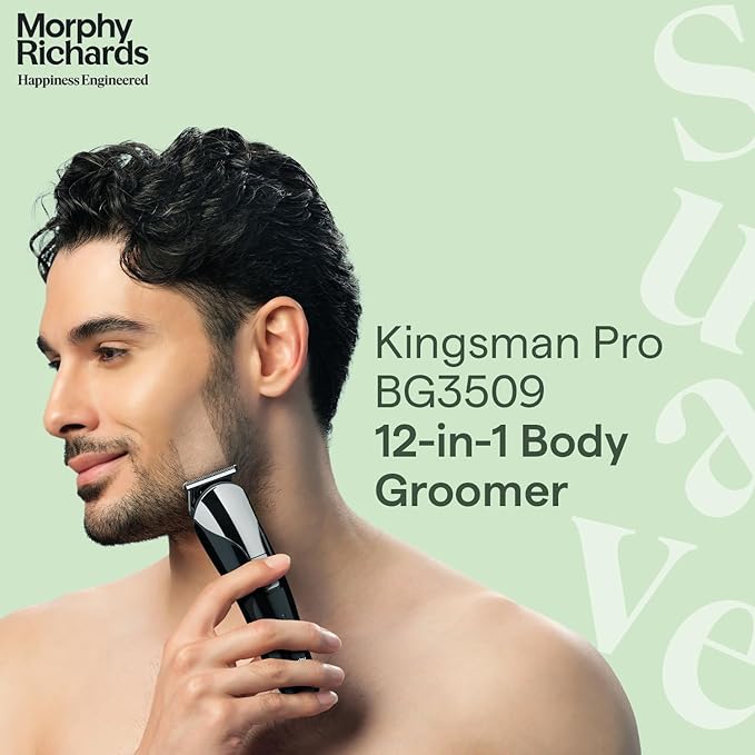 Morphy Richards Kingsman Pro 12-In-1 Grooming Kit For Men| Rechargeable All In One Men Trimmer|5 Face Nose Ear Hair Blades| Nose&Ear Trimmers| Private Part Shaving Body GroomersI2-Yr Warranty,Black