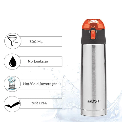 Milton Crown 600 Thermosteel 24 Hours Hot and Cold Water Bottle, 500 ml, Steel Plain |Easy to Carry | Office Bottle | Hiking | Trekking | Travel Bottle | Gym | Home | Kitchen Bottle