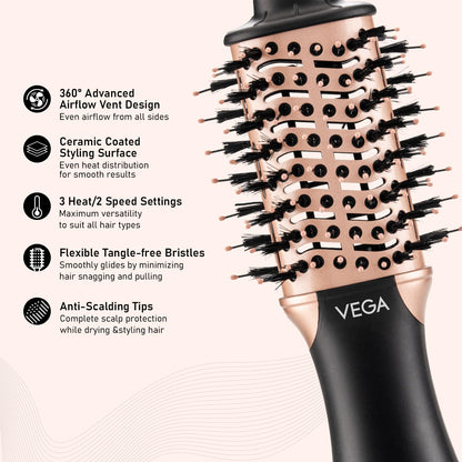 VEGA Litstyle L3 Volumizer Hair Blow Dryer Brush With 3 Heat/2 Speed Settings, 360° Airflow Vent, 3 in 1 Compact Hot Air Brush For Women, Tourmaline Ceramic Coated Barrel, 500 Watts, (VHSD-03)
