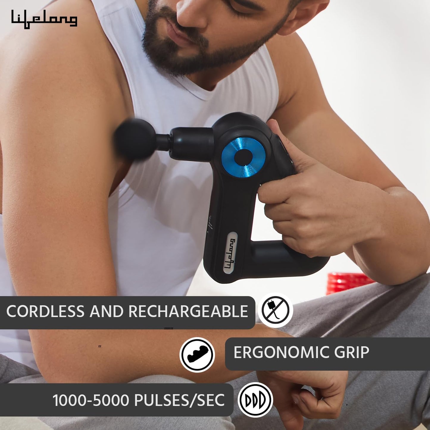 Lifelong LLGM180 Gun Massager for Pain Relief with 9 Massage Heads Massage Gun Machine for Full Body - Gun Massager Rechargeable with 9 Speed Levels & Easy-Grip Handle for Muscle Massage of Back, Neck, Shoulder, Hand, Foot & Leg