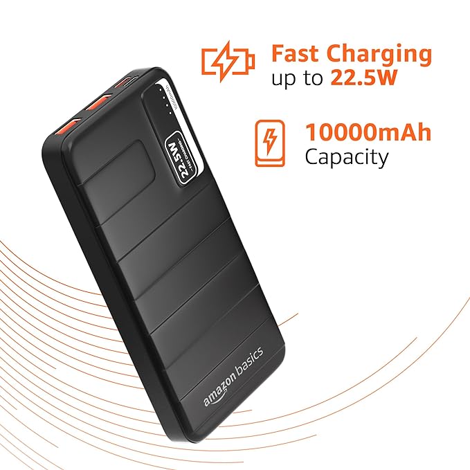 Amazon Basics 10000mAh 22.5W Lithium-Polymer Power Bank | Dual Input, Triple Output | Fast Charging, Black, Type-C Cable Included