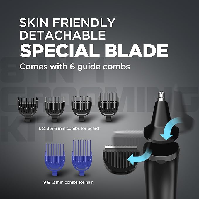 Havells 8 in 1 Grooming Kit |2-in-1 Special Blade|Nose & Ear Attachment|4 Beard & 2 Hair Combs|Type C Turbo Charge|No Nicks & Cuts|2 Year Guarantee|GS4008