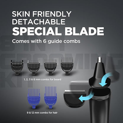 Havells 8 in 1 Grooming Kit |2-in-1 Special Blade|Nose & Ear Attachment|4 Beard & 2 Hair Combs|Type C Turbo Charge|No Nicks & Cuts|2 Year Guarantee|GS4008