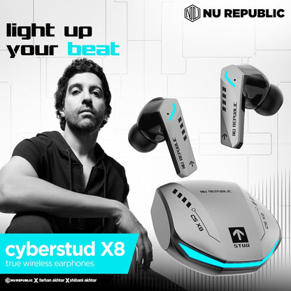 Nu Republic Cyberstud X8 TWS Wireless Earbuds - Up to 56Hrs Playtime, 40ms Ultra Low Latency, ENC Mics, 13mm Neodymium Drivers, XBass Technology, Dual Mode for Gaming & Music, Bluetooth 5.3 (Silver)