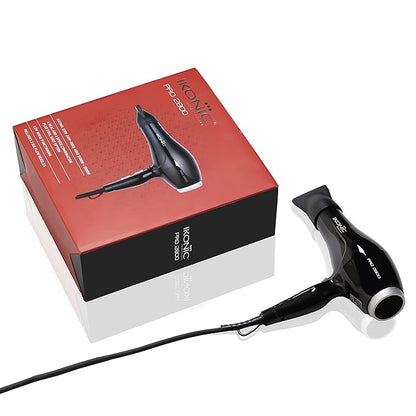 Ikonic Pro 2800+ Hair Dryer, Black | Professional | Brushless DC Motor | Low Noise Function| Lightweight Design| Interchangeable Nozzle| Diffuser Attachment| Versatile Heat and Speed Setting| 2600 W