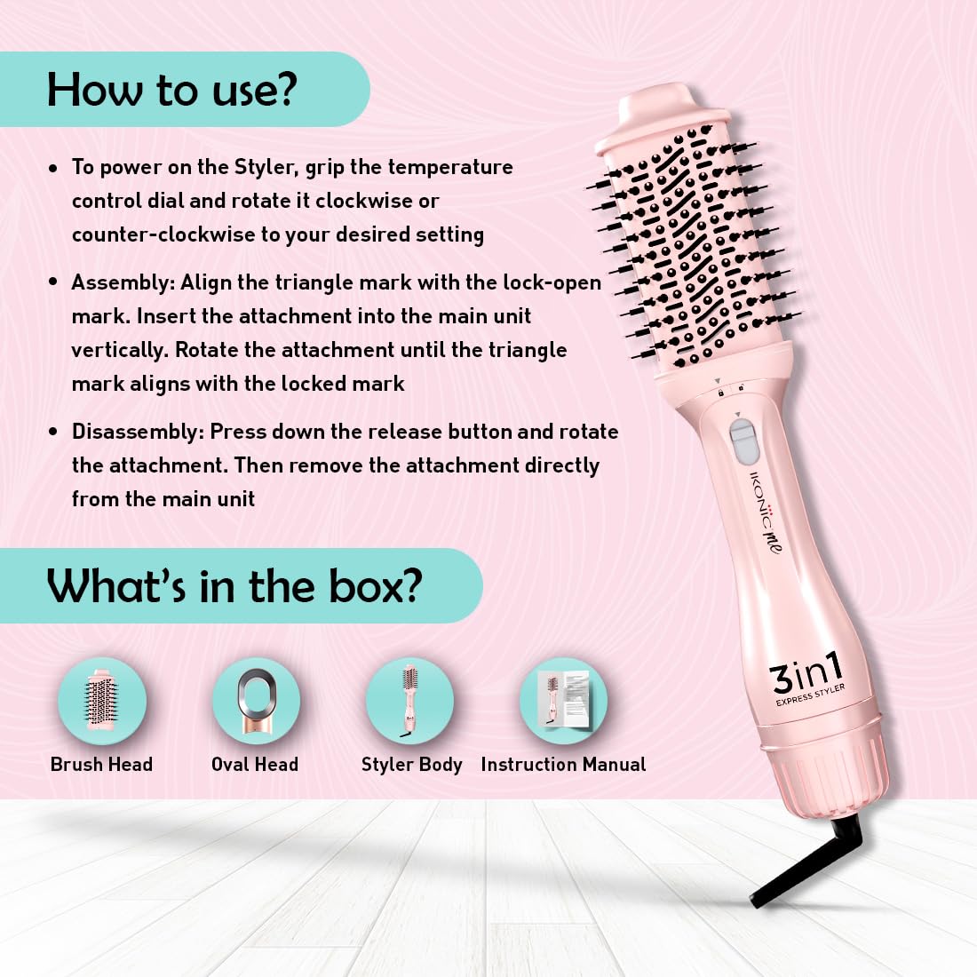 Ikonic Me 3-In-1 Express Styler Hot Air Brush For Women, 1200W Hair Dryer Brush With 1.5-Inch Ceramic Titanium Tourmaline Barrel, Blow Dryer, Hair Straightener, Volumizer Brush, Fast Drying, Frizz-Free Styling, Pink