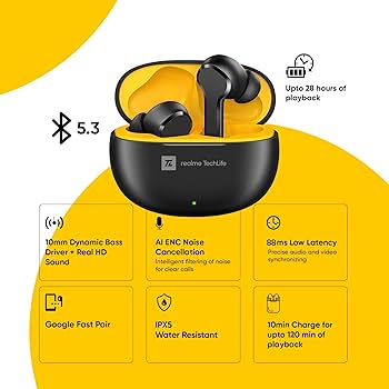 realme Techlife Buds T100 with up to 28 Hours Playback & AI ENC for Calls Bluetooth Headset  (Black, True Wireless)