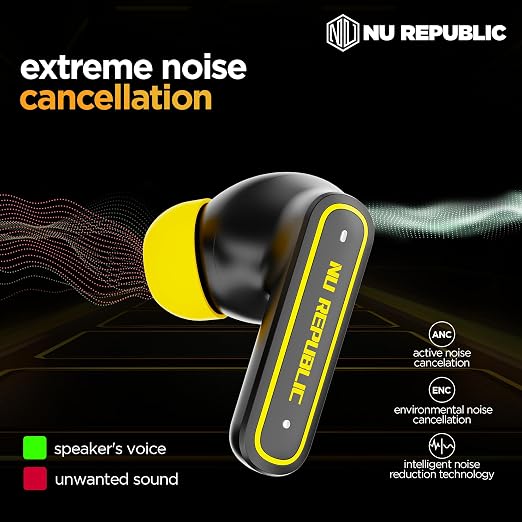 Nu Republic Epic ANC TWS Earbuds with Upto 64 hrs Playtime, 13mm Neodymium Driver, XBass® Technology, ANC + ENC Quad Mics, Hall Sensor Function, Dual Mode (Game/Music), Fast Charging - (Black/Yellow)