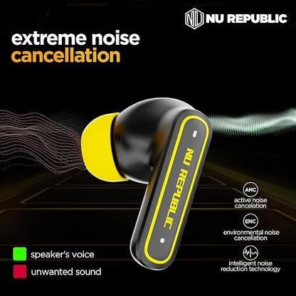 Nu Republic Epic ANC TWS Earbuds with Upto 64 hrs Playtime, 13mm Neodymium Driver, XBass® Technology, ANC + ENC Quad Mics, Hall Sensor Function, Dual Mode (Game/Music), Fast Charging - (Black/Yellow)