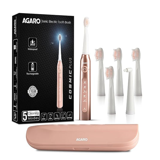 AGARO COSMIC PLUS Sonic Electric Tooth Brush For Adults with 5 Modes, 5 Brush Heads, 1 Interdental Head, Carry Case & Rechargeable with 4 Hours Charge Lasting Up to 25 Days, Power Toothbrush, (Rosegold)