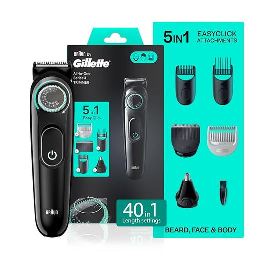 Gillette Series 3 All-in-One Beard & Body Trimmer for Man (by Braun) | 40 length settings for Face, Body, Head & Private Parts | Ultra Sharp Blades for Precise trim | Sensitive Body Comb for body grooming | 3-Year Warranty