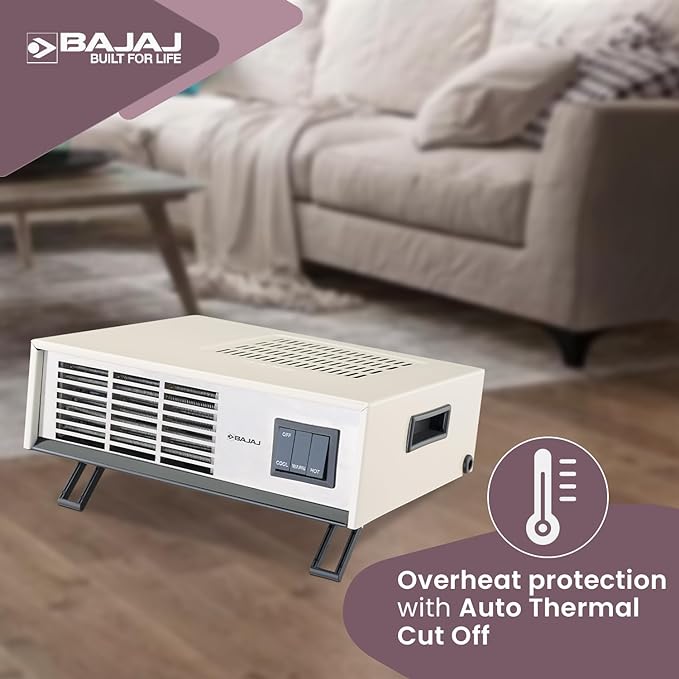 Bajaj Blow Hot Portable Room Heater For Bedroom |2 Heat Settings-1000W/2000W|Ideal Room Heater For Winter|Easy Mobility|Compact Design|Auto-Thermal Cut-Off|2-Yr Warranty By Bajaj| White Color