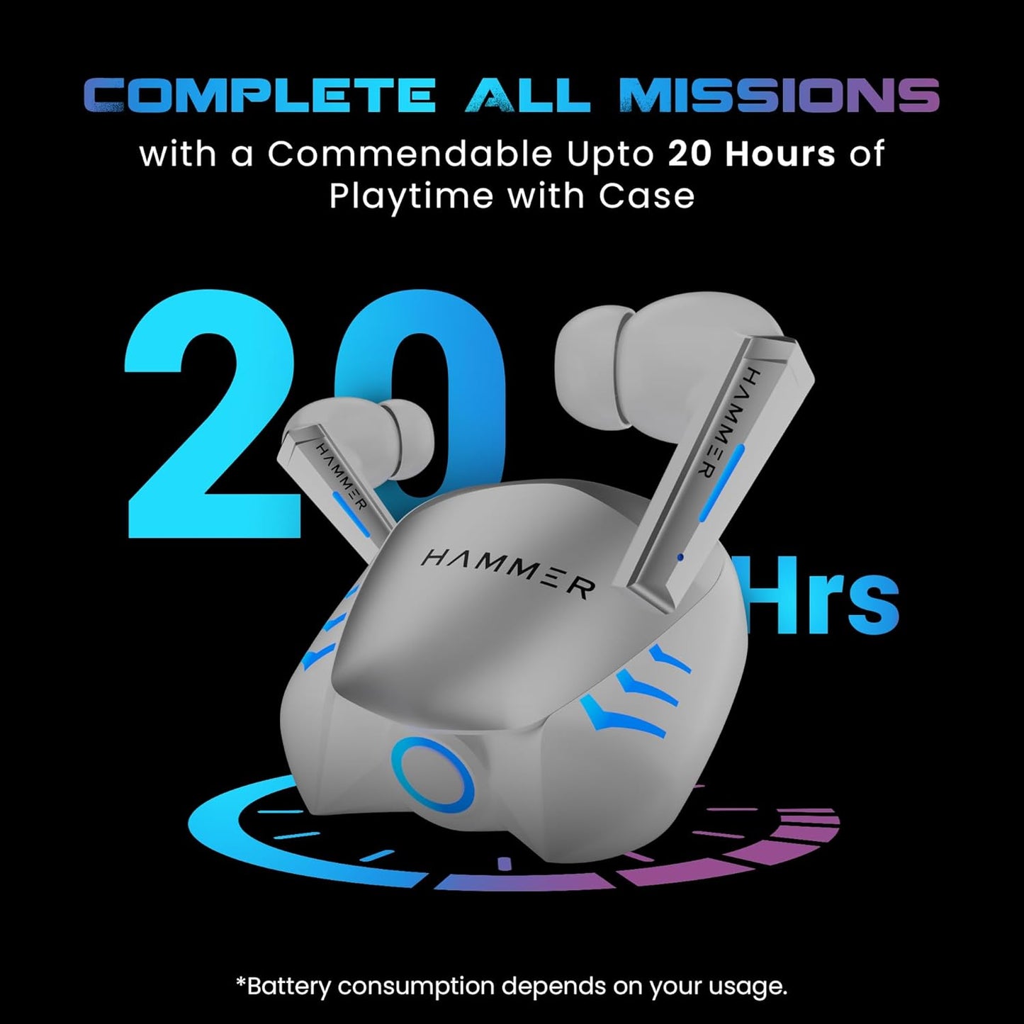 HAMMER Arcade True Wirelss Gaming Earbuds with RGB Lights, 50ms Low Latency, Type-C Charging, IPX5, Deep Bass, 20H Playtime, Bluetooth v5.3, Made in India (White)