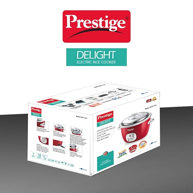 Prestige Delight Electric Rice Cooker Cute 1.8-2 700 watts with 2 Aluminium Cooking Pans (1.8 Liters, Red)