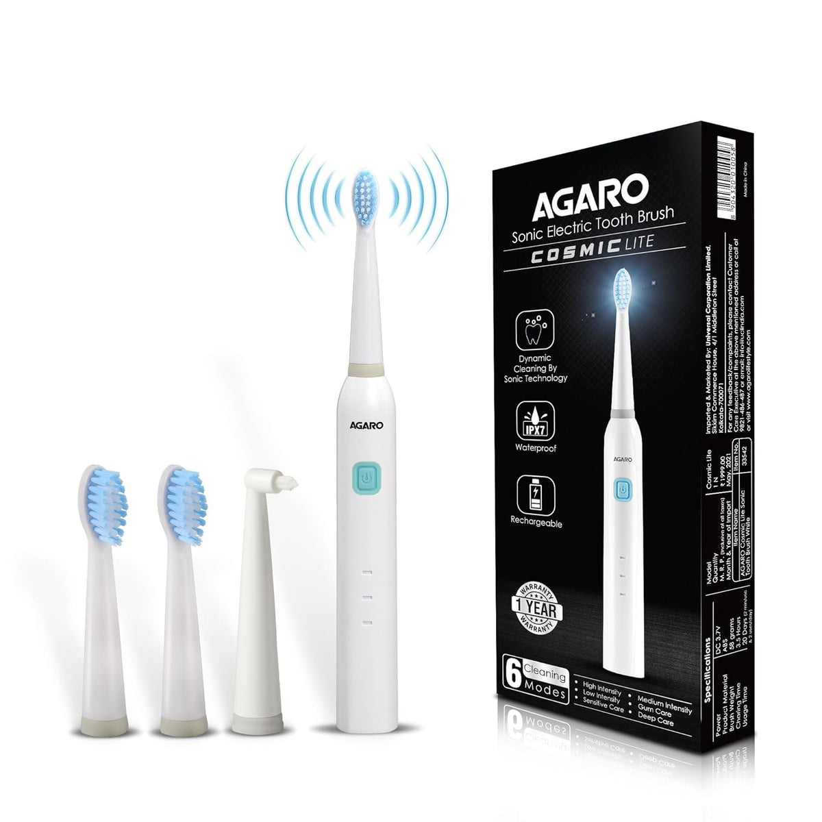 AGARO COSMIC Lite Sonic Electric Toothbrush for Adults with 6 Modes, 3 Brush Heads, 1 Interdental Head and Rechargeable with 3.5 Hours Charge Lasting up to 25 Days, Power Toothbrush