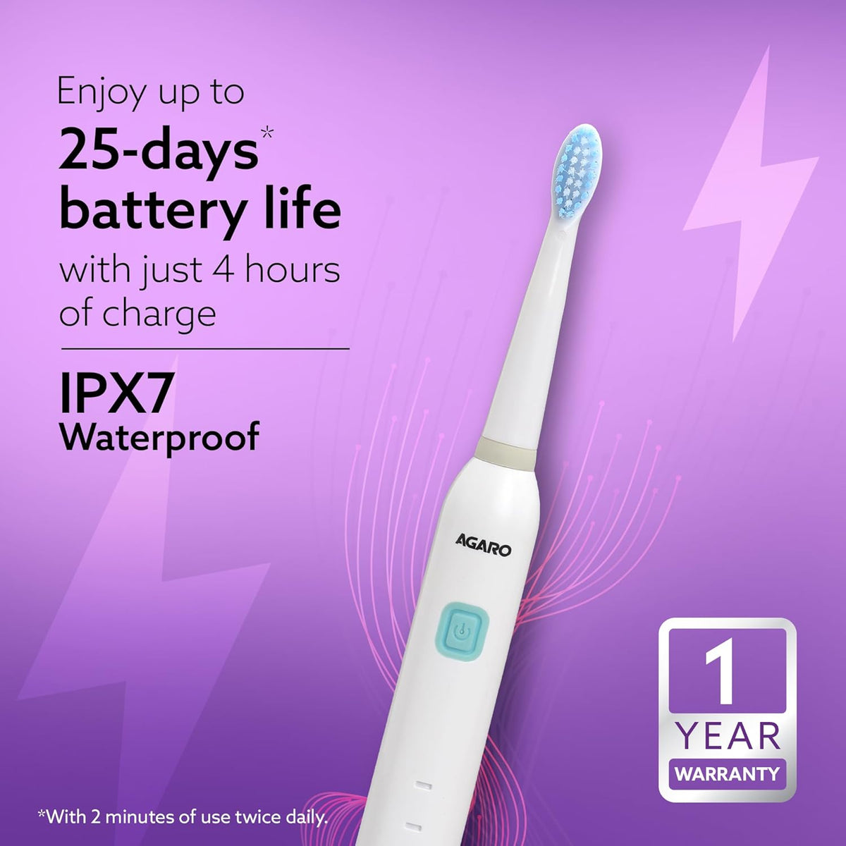 AGARO COSMIC Lite Sonic Electric Toothbrush for Adults with 6 Modes, 3 Brush Heads, 1 Interdental Head and Rechargeable with 3.5 Hours Charge Lasting up to 25 Days, Power Toothbrush