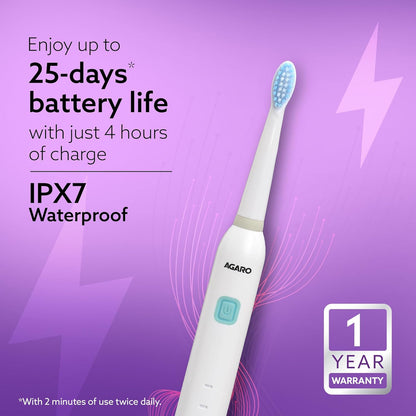 AGARO COSMIC Lite Sonic Electric Toothbrush for Adults with 6 Modes, 3 Brush Heads, 1 Interdental Head and Rechargeable with 3.5 Hours Charge Lasting up to 25 Days, Power Toothbrush