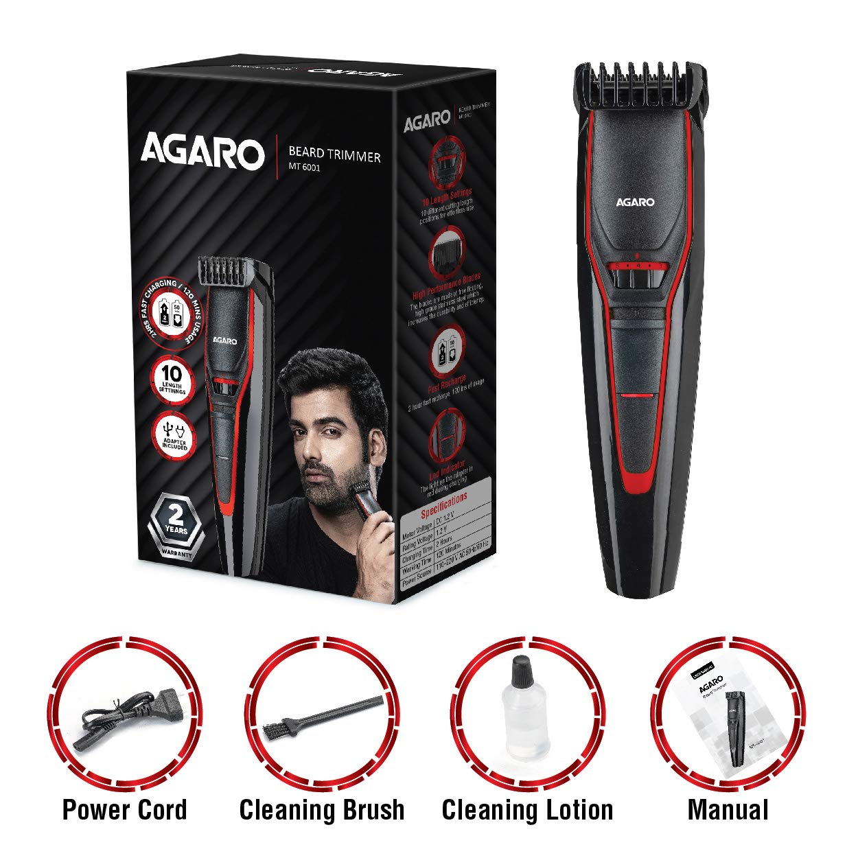 AGARO MT 6001 Beard Trimmer for Men, 90min Runtime, USB Charging, Fast Charge, 20 Length Setting, Rechargeable Battery
