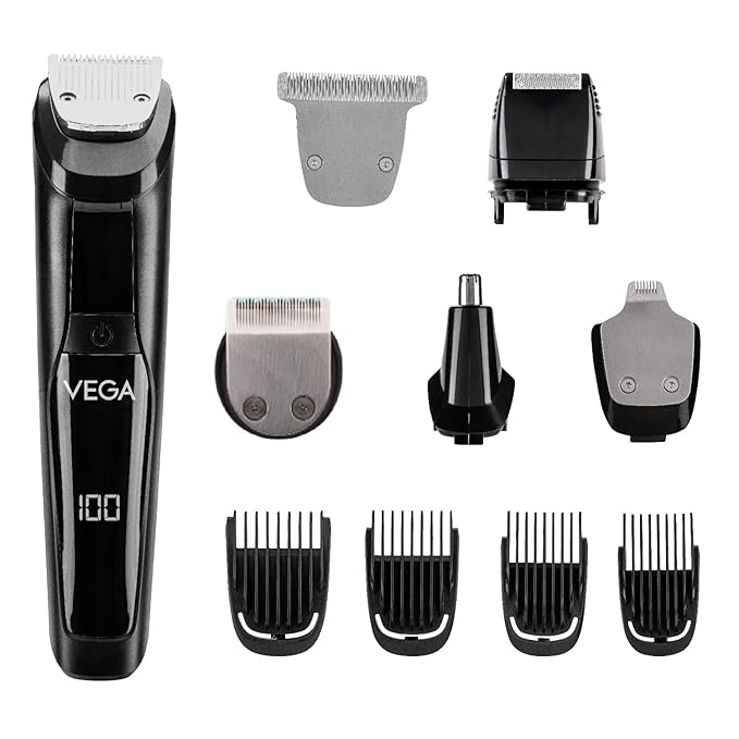 Vega Men 9-in-1 Multi-Grooming Set for Men, All In One Professional Styling Trimmer with Beard/Hair, Nose Trimmer & Body Groomer and Shaver, 4 Comb Attachment, 80 Mins Runtime (VHTH-21)
