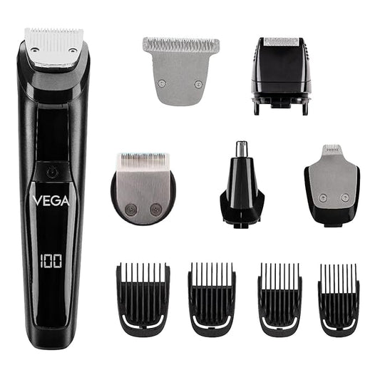 Vega Men 9-in-1 Multi-Grooming Set for Men, All In One Professional Styling Trimmer with Beard/Hair, Nose Trimmer & Body Groomer and Shaver, 4 Comb Attachment, 80 Mins Runtime (VHTH-21)