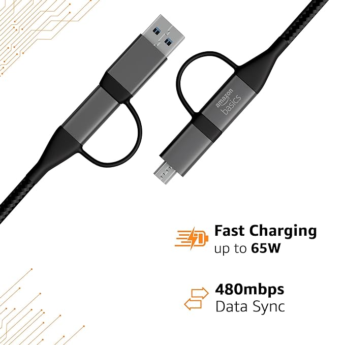 amazon basics 4-in-1 Braided Cable with USB-A, Micro USB and Type C | 65W Charging Cable with 480Mbps Data Transfer Speed |All-purpose Charging & Data Cable, 1.2m, Tangle Free